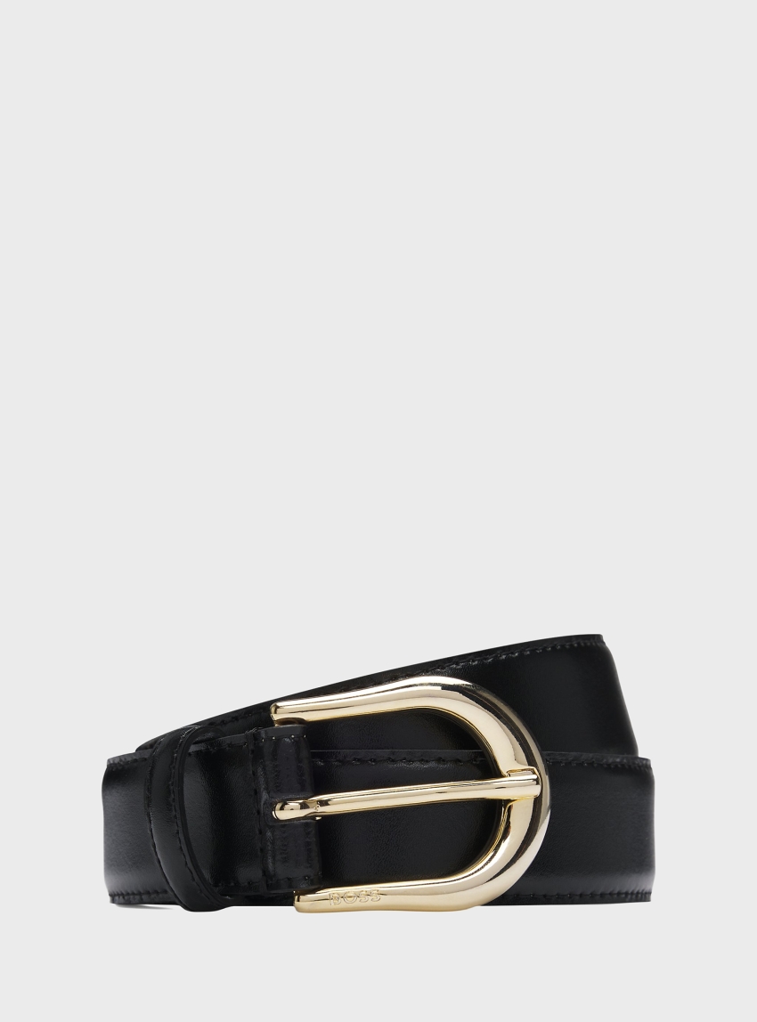BOSS Italian-Leather Belt With Golden Buckle  Carol-St-G_Sz30 - Black