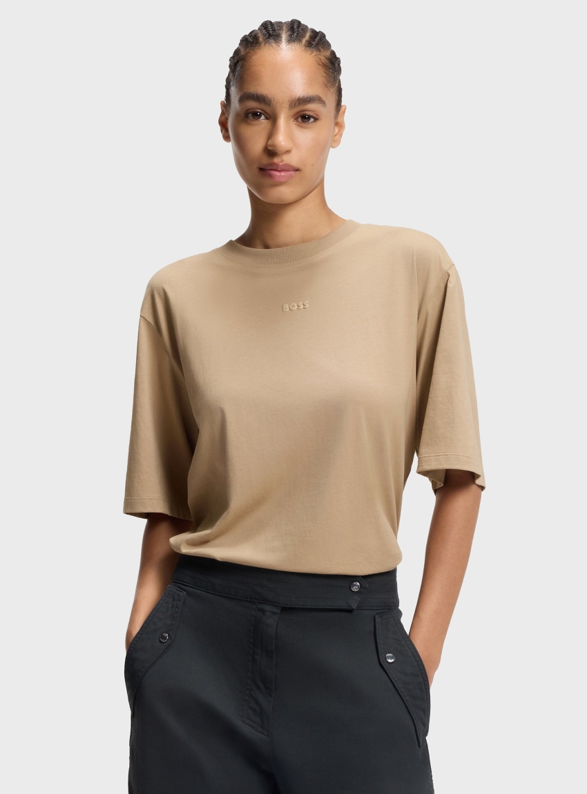 BOSS Oversized-Fit T-Shirt With Puff-Print Logo C_Enis_Small_Logo - Dark Beige