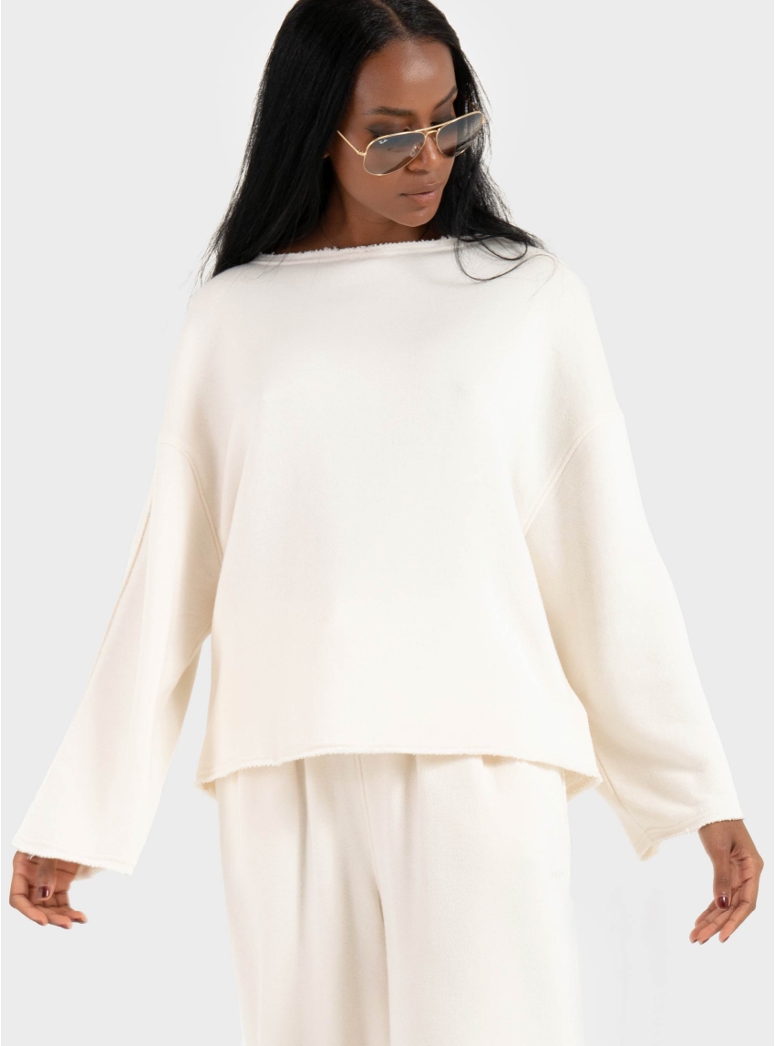 BOSS Loose-Fit Cotton-Blend Sweatshirt With Raw-Cut Edges C_Enely - Ecru