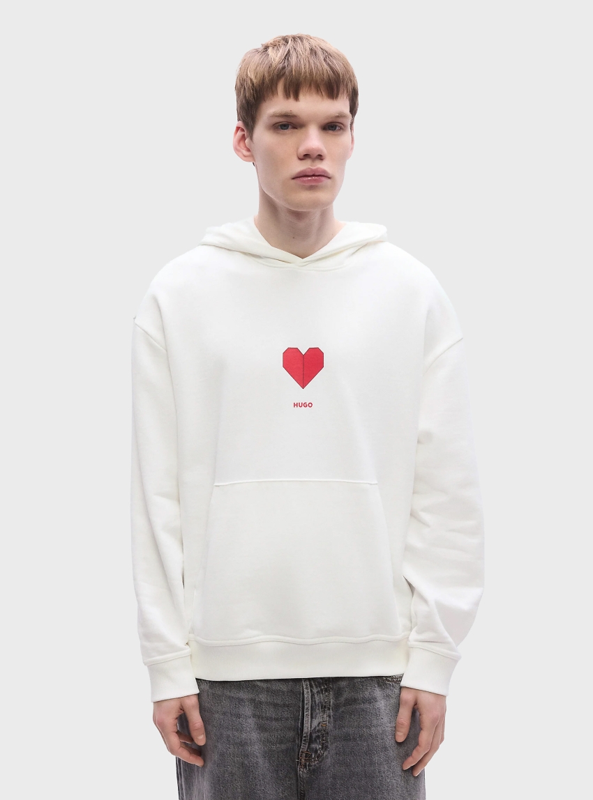 HUGO Cotton-Terry Hoodie With Origami-Heart Artwork  Dalentinos - White