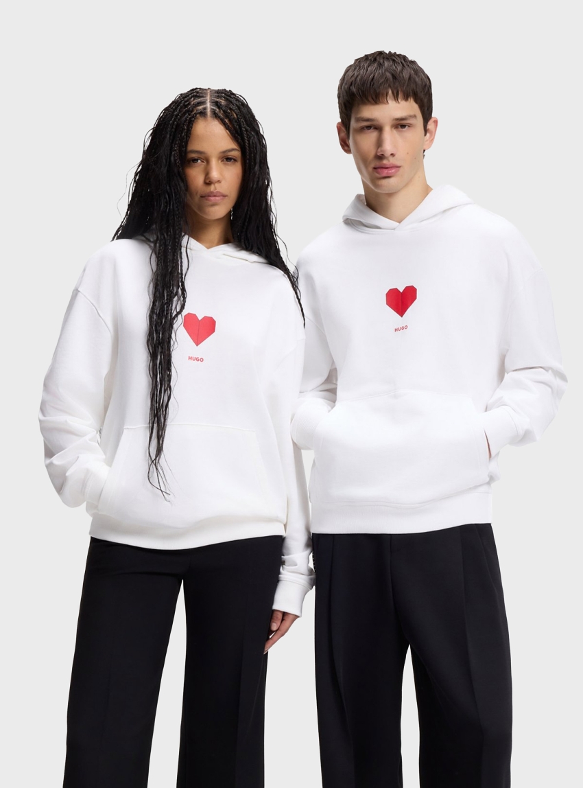 HUGO Cotton-Terry Hoodie With Origami-Heart Artwork  Dalentinos - White