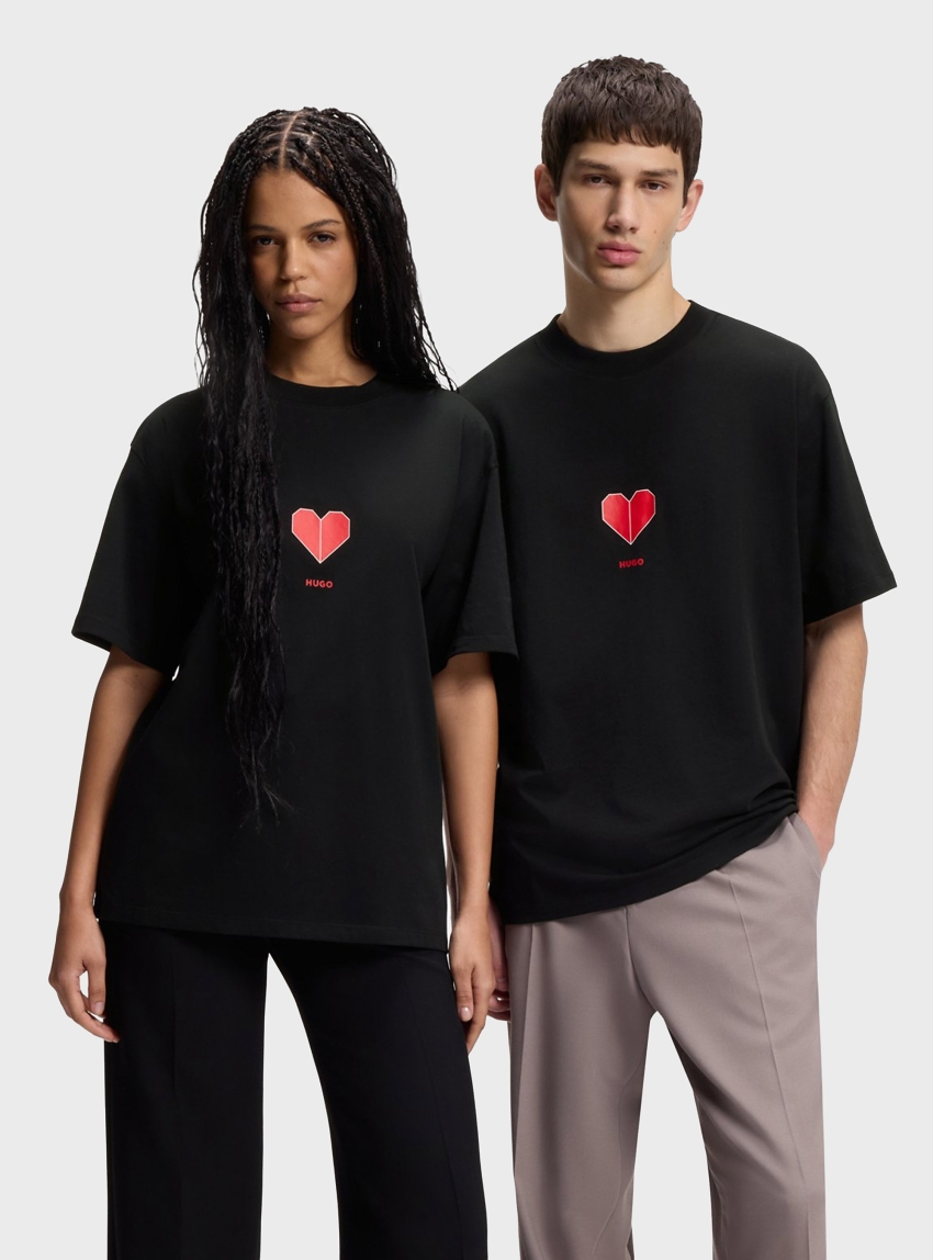 HUGO Cotton-Jersey T-Shirt With Origami-Heart Prints  Dalentin - Black