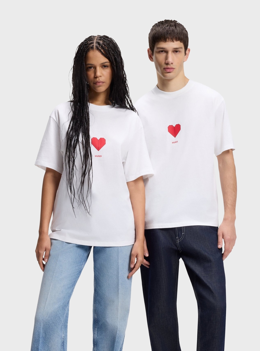 HUGO Cotton-Jersey T-Shirt With Origami-Heart Prints  Dalentin - White
