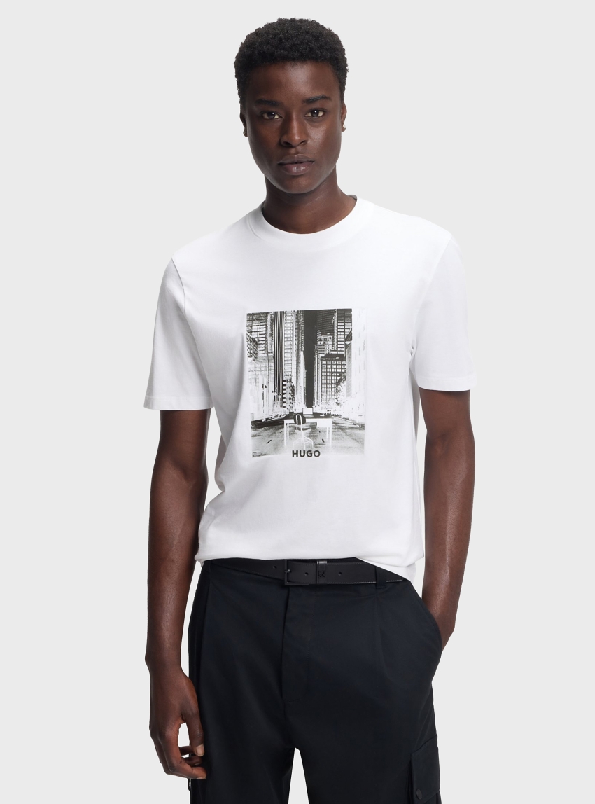 HUGO Cotton-Jersey T-Shirt With Printed Artwork  Deyss - White