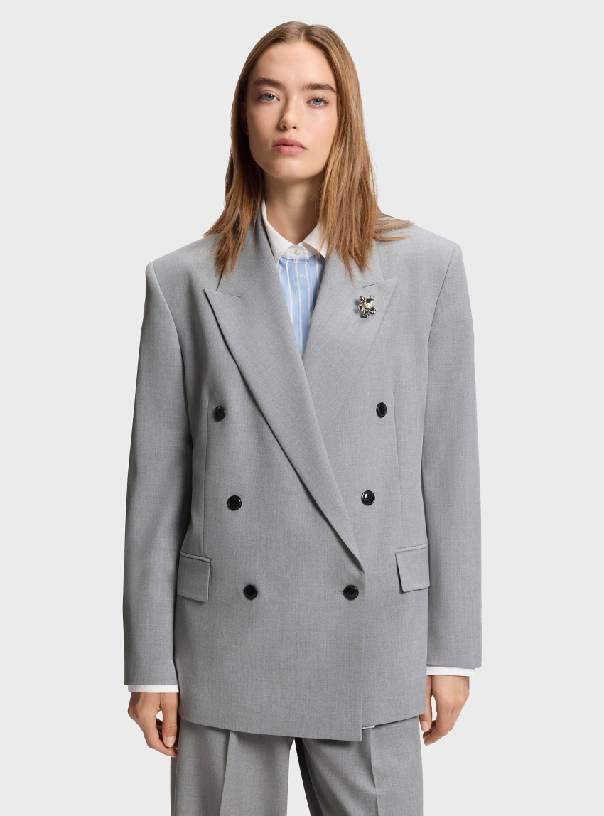 HUGO Relaxed-Fit Blazer With Enamel Flower Brooch  Antegi - Light Grey