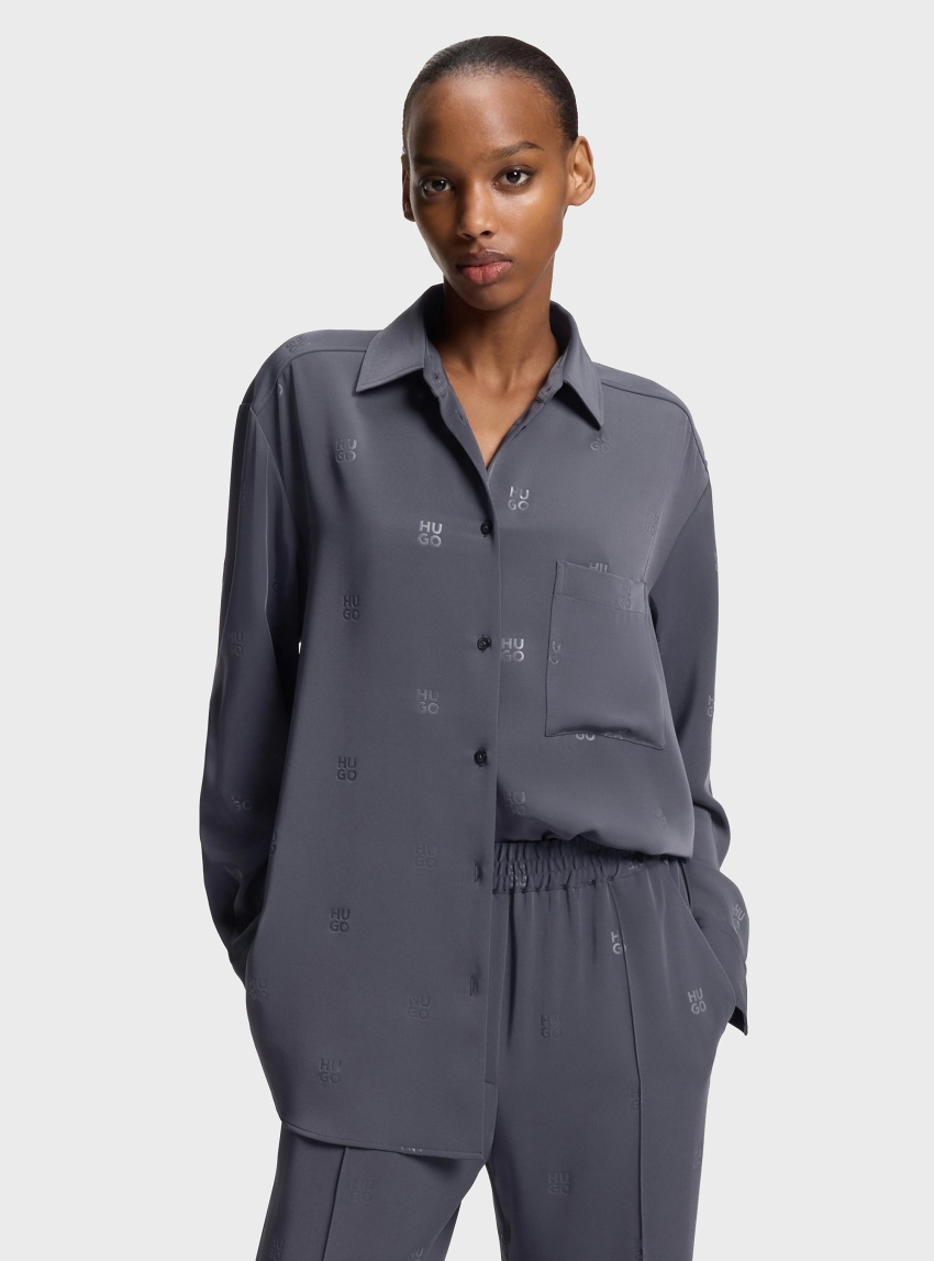 HUGO Oversized-Fit Shirt With Stacked Logos  Elodina - Grey