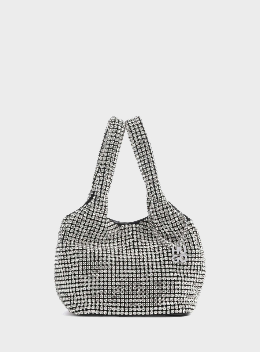 HUGO Large Embellished-Mesh Bag With Stacked-Logo Charm  Liora_Handbag - Silver