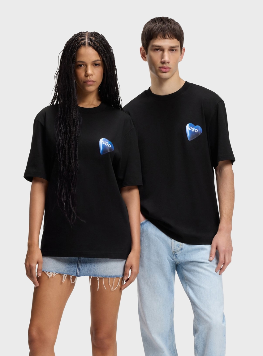 HUGO Cotton-Jersey T-Shirt With Heart Logo  Nalentinio - Black