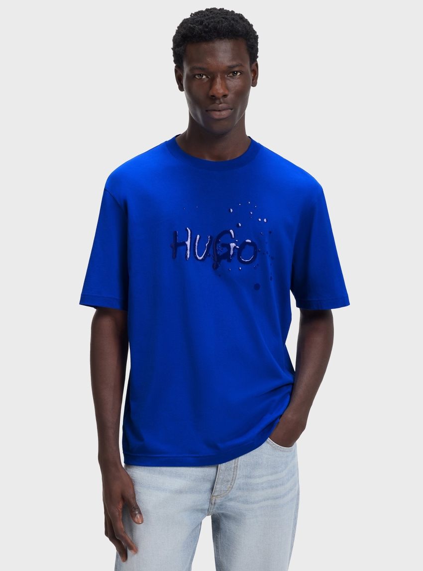 HUGO Cotton-Jersey T-Shirt With Printed Artwork  Nierofix - Royal Blue