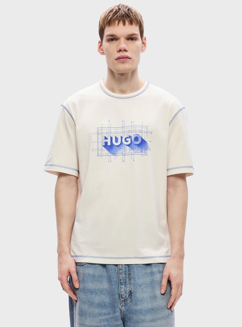 HUGO Cotton-Jersey Logo T-Shirt With Contrast Stitching Nothal - Ecru