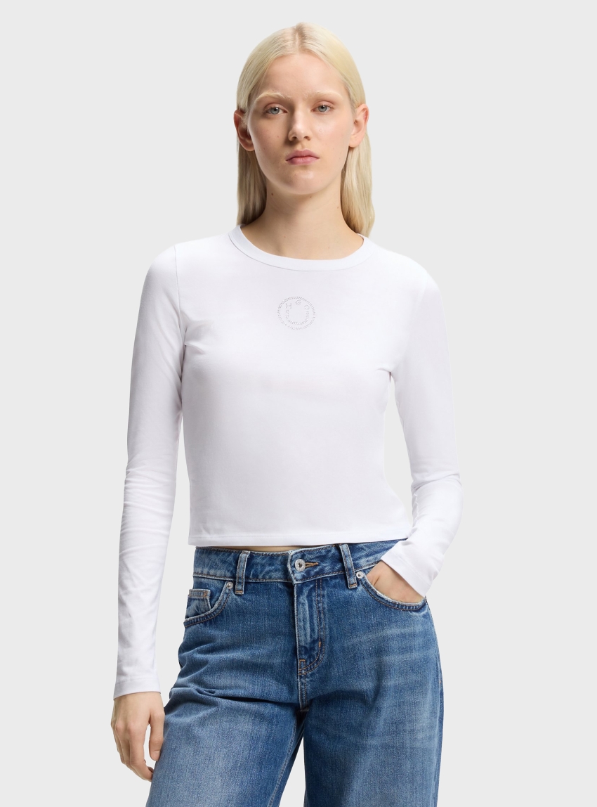 HUGO Stretch-Cotton Top With Rhinestone Happy Logo  Daliriee_B - White