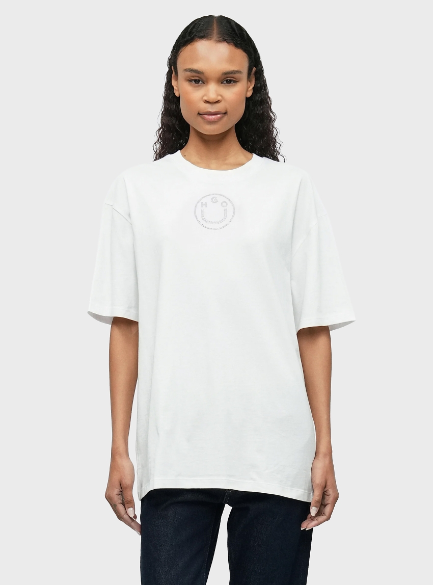 HUGO Oversized-Fit Cotton T-Shirt With Rhinestone Happy Logo Oversized _Tee_B_9 - White