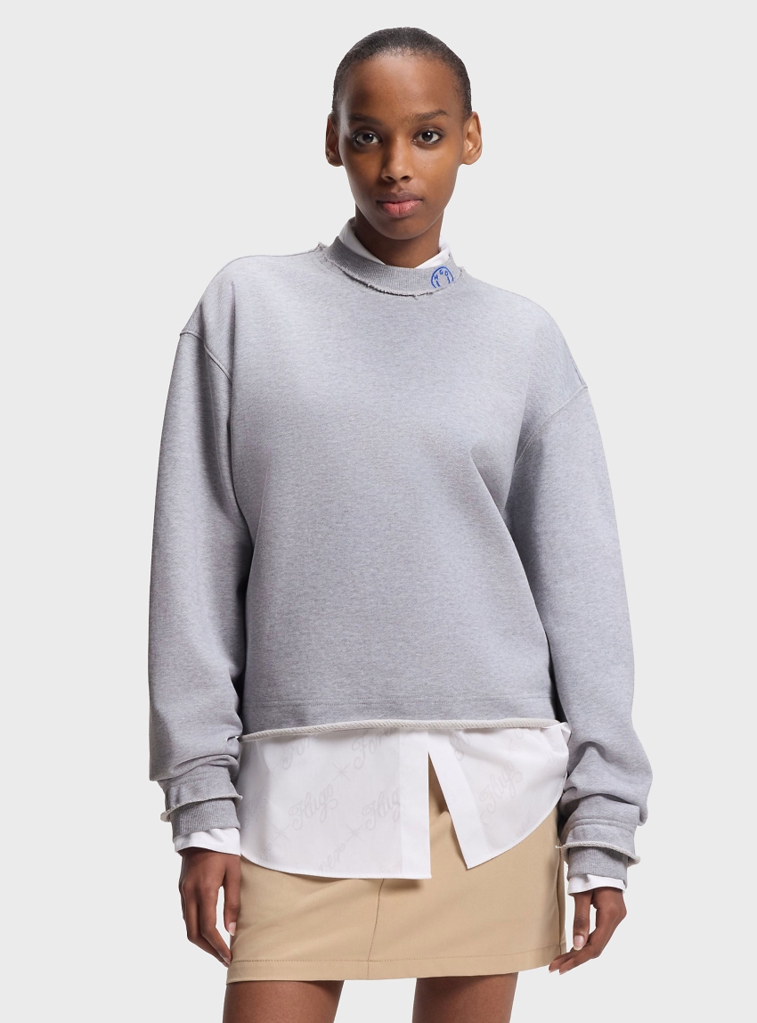 HUGO Cotton-Terry Sweatshirt With Logo Collar  Dismudge_B - Light Grey Melange