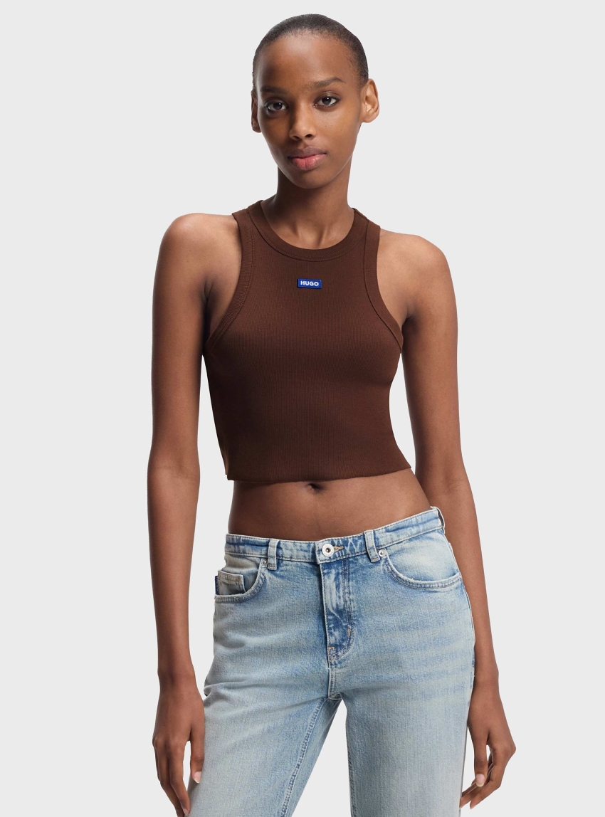HUGO Cropped Stretch-Cotton Tank Top With Blue Logo Label  Baby Tank_B - Brown