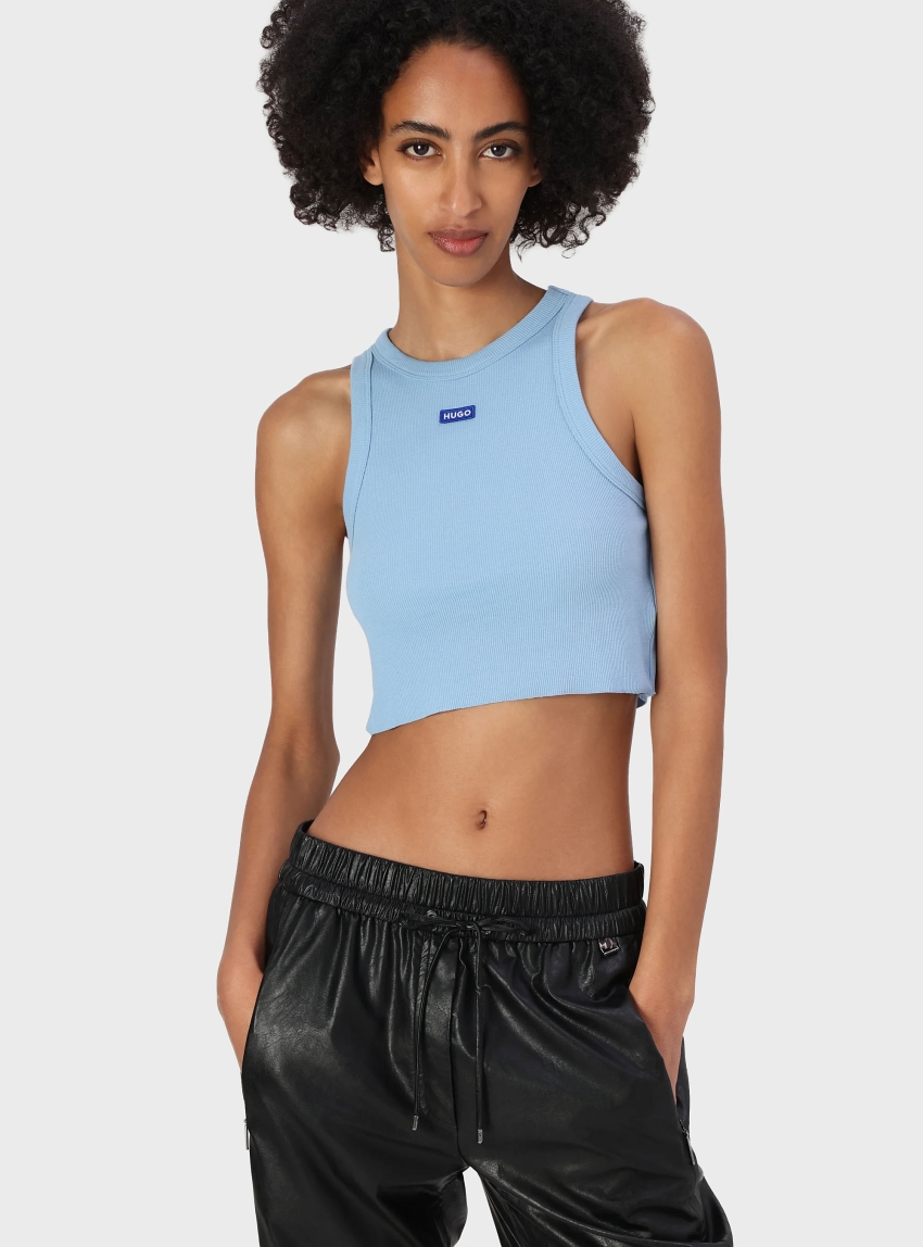 HUGO Cropped Stretch-Cotton Tank Top With Blue Logo Label  Baby Tank_B - Light Blue