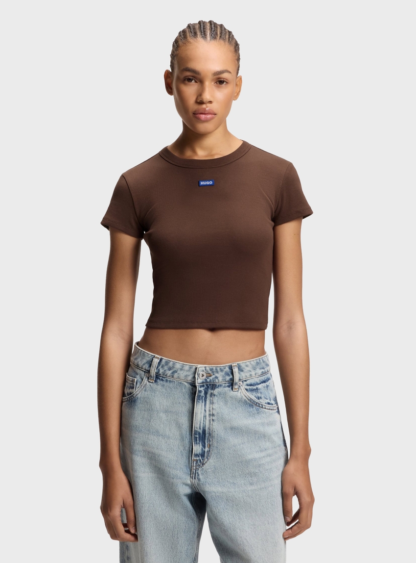 HUGO Slim-Fit Cropped T-Shirt In Stretch Cotton  Baby Tee_B - Brown