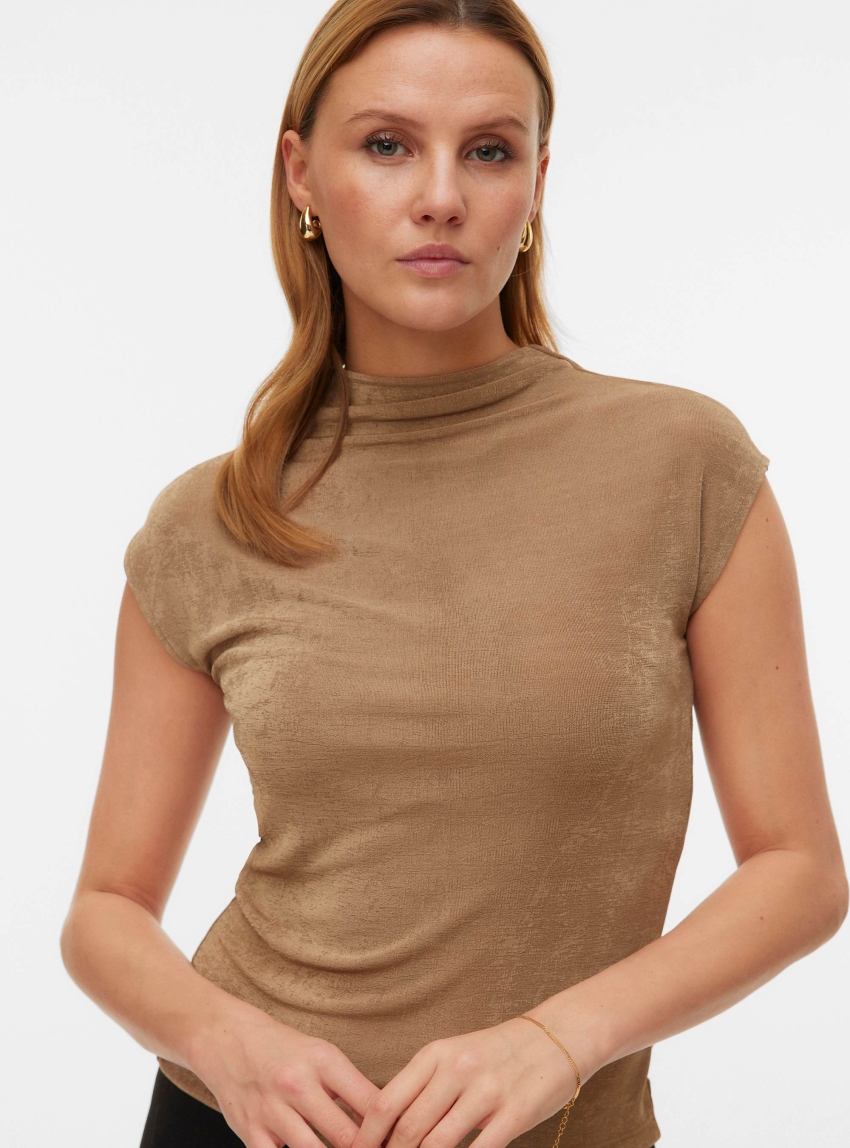 Vero Moda Aware Vooma Cap Sleeve High Neck Top - Beige