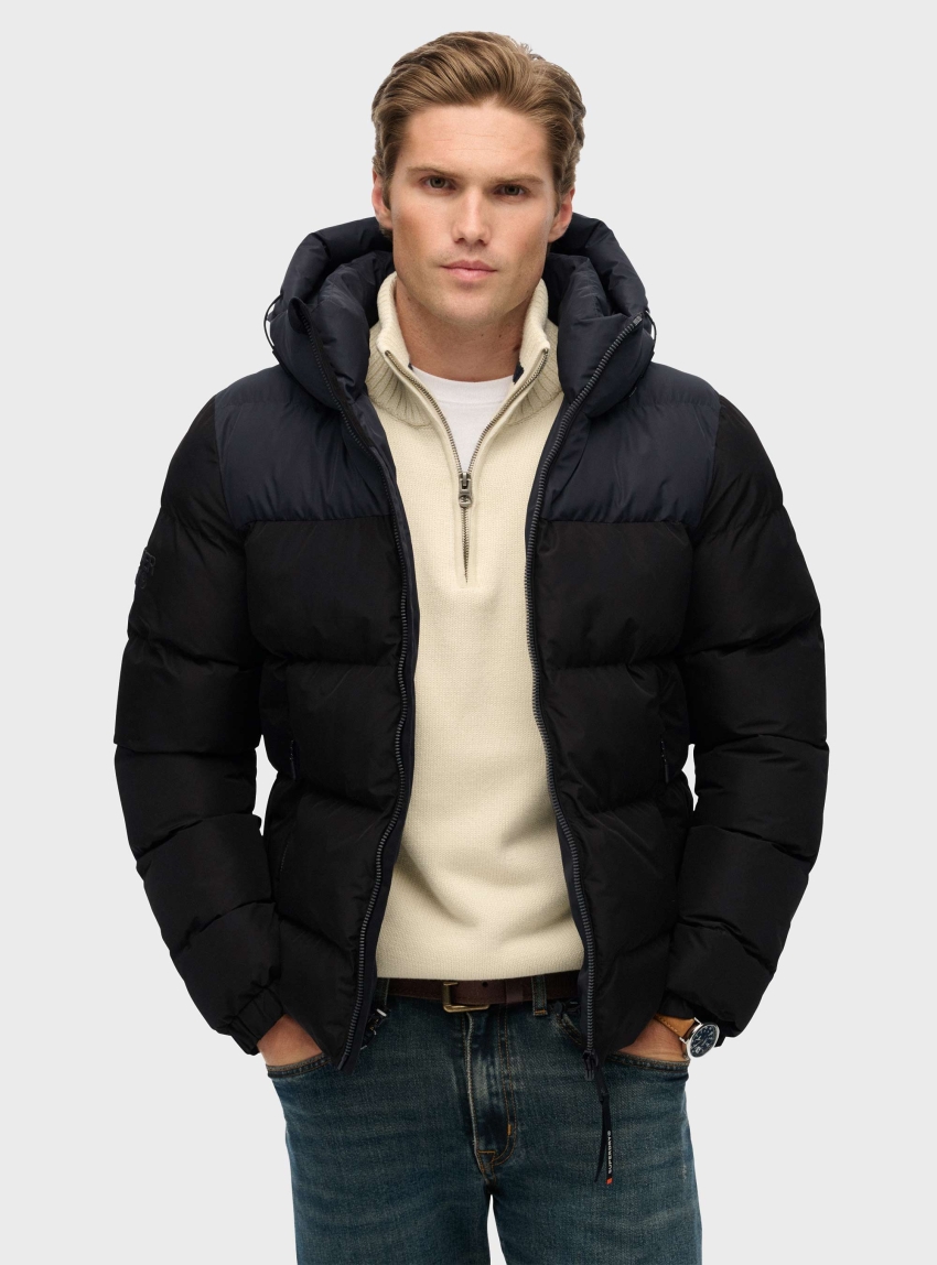 Superdry Colourblock Hooded Puffer Jacket - Black