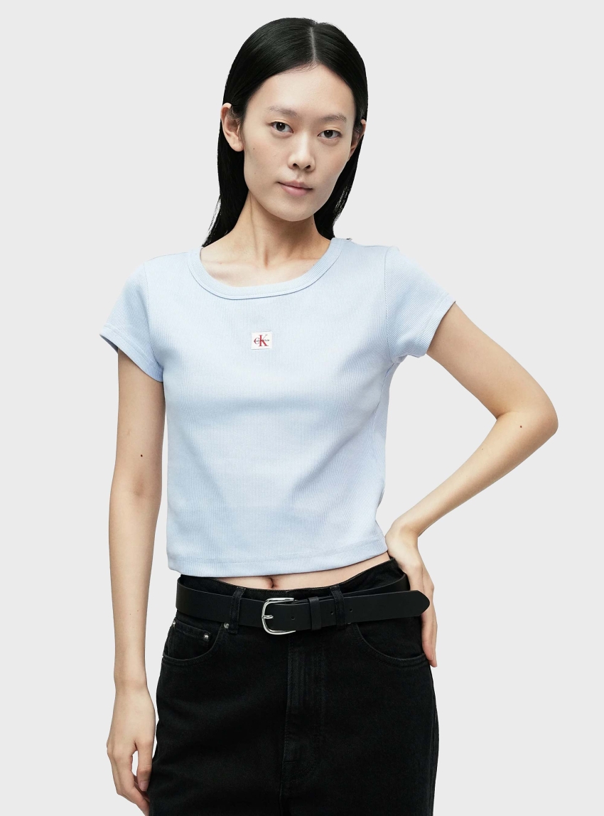 Calvin Klein Slim Ribbed Cotton Badge T-shirt - Blue
