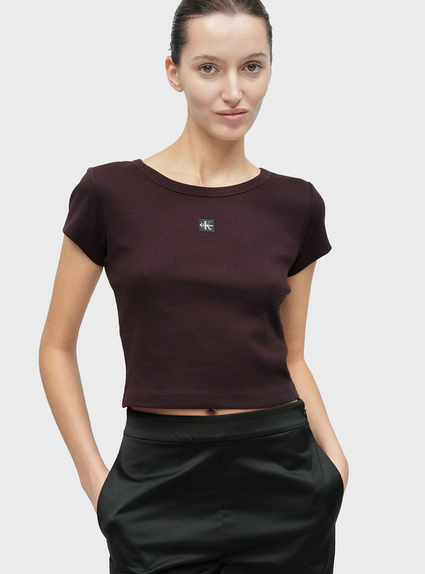 Calvin Klein Slim Ribbed Cotton Badge T-shirt - Dark Brown