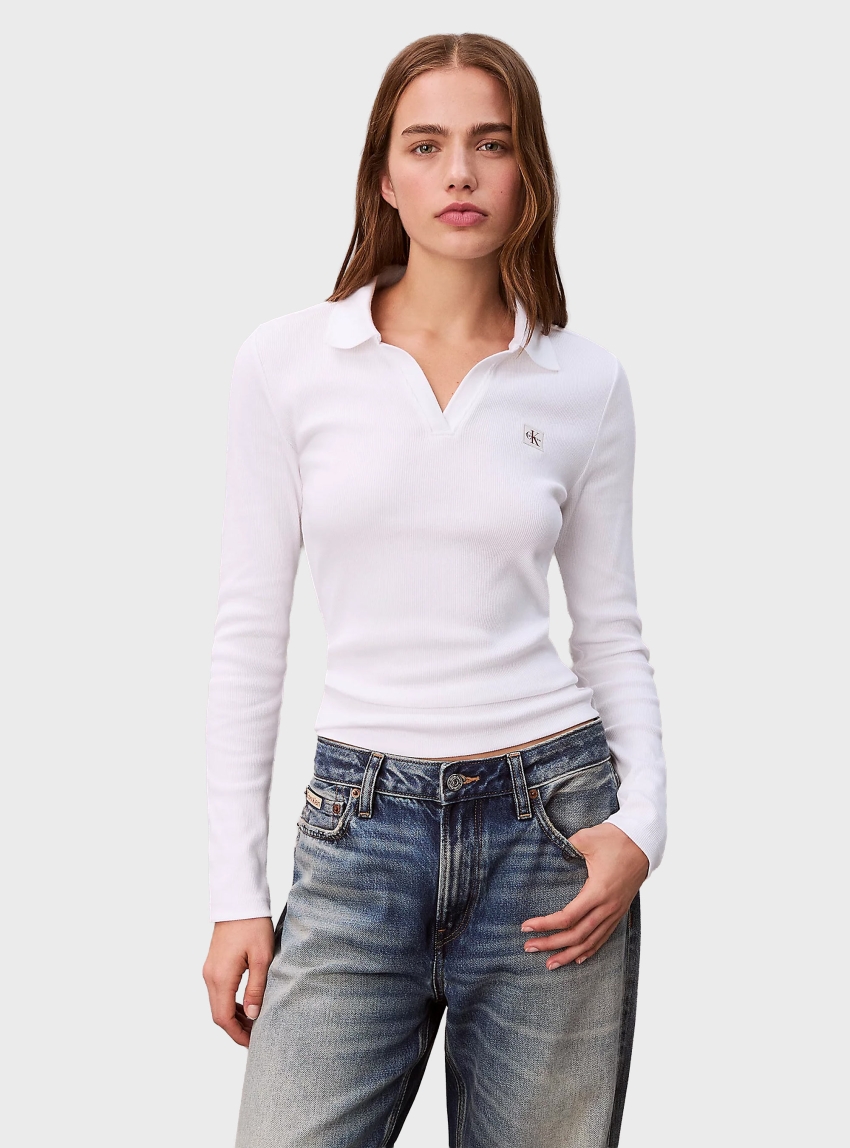 Calvin Klein Woven Monologo Rib Collared Top - White