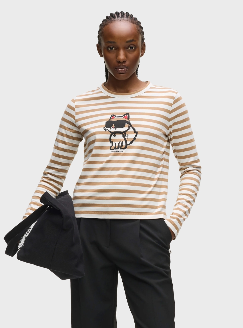Karl Lagerfeld Ikon Stripe Long-Sleeved T-Shirt - Beige
