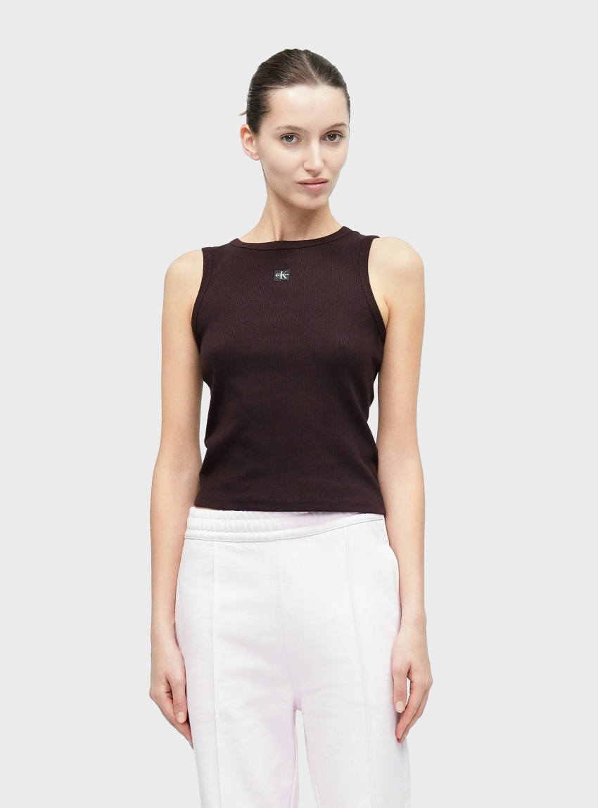 Calvin Klein Ribbed Cotton Badge Tank Top - Brown