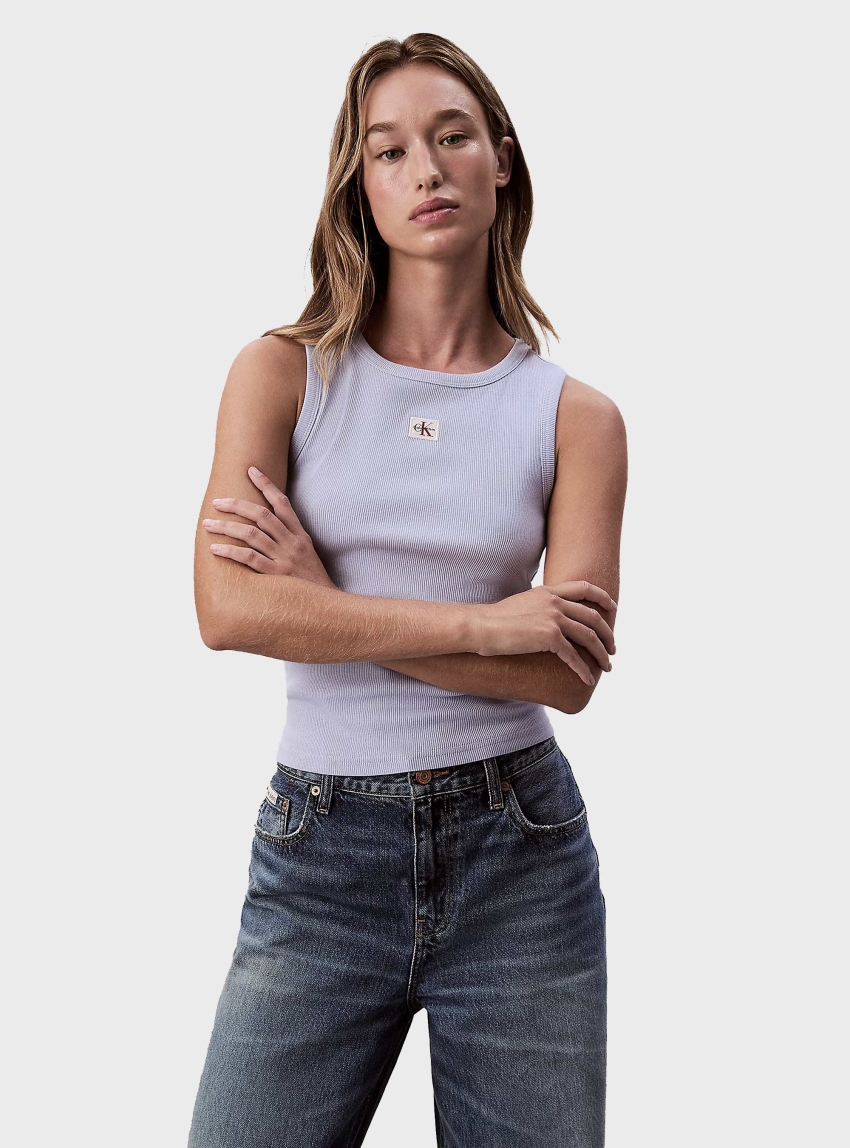 Calvin Klein Ribbed Cotton Badge Tank Top - Light Blue