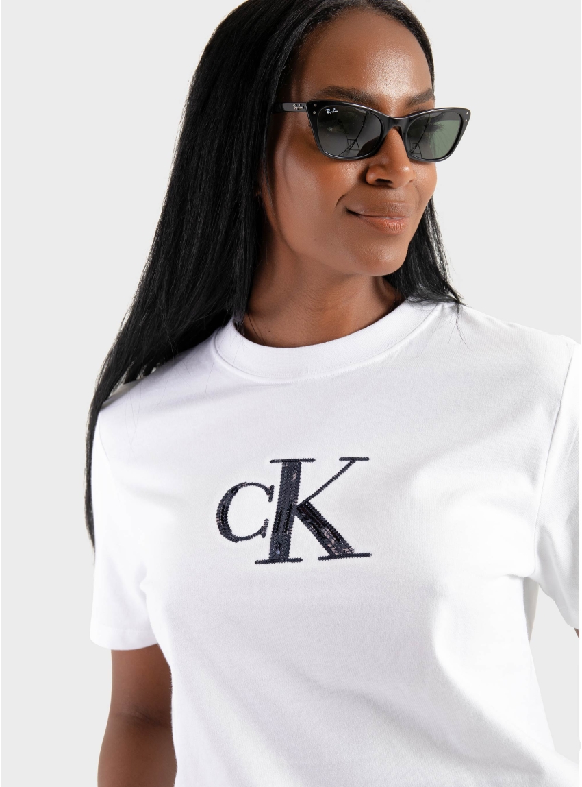 Calvin Klein Sequin Monogram Classic T-Shirt - White