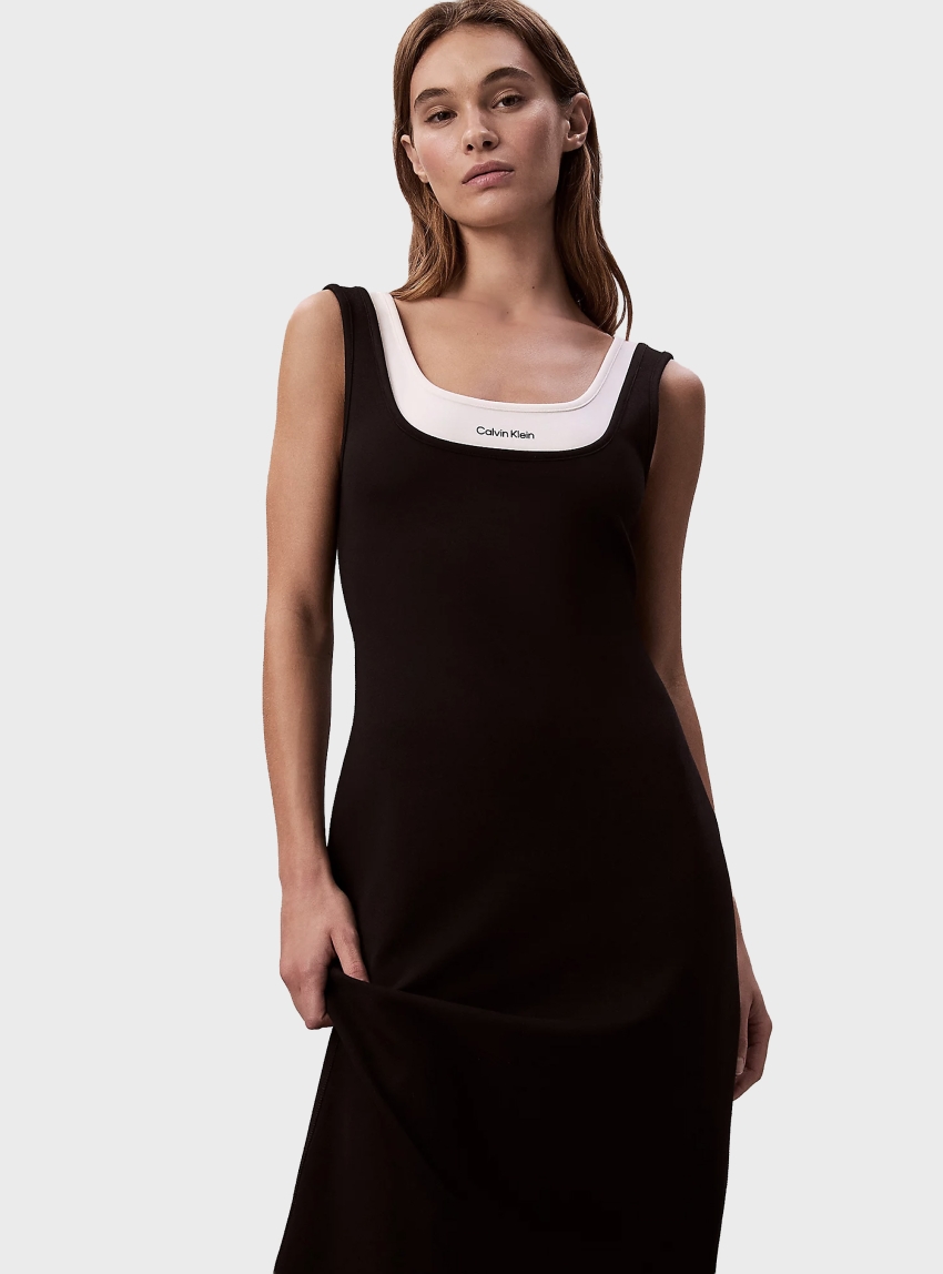 Calvin Klein Contrast Layer Midi Dress - Black
