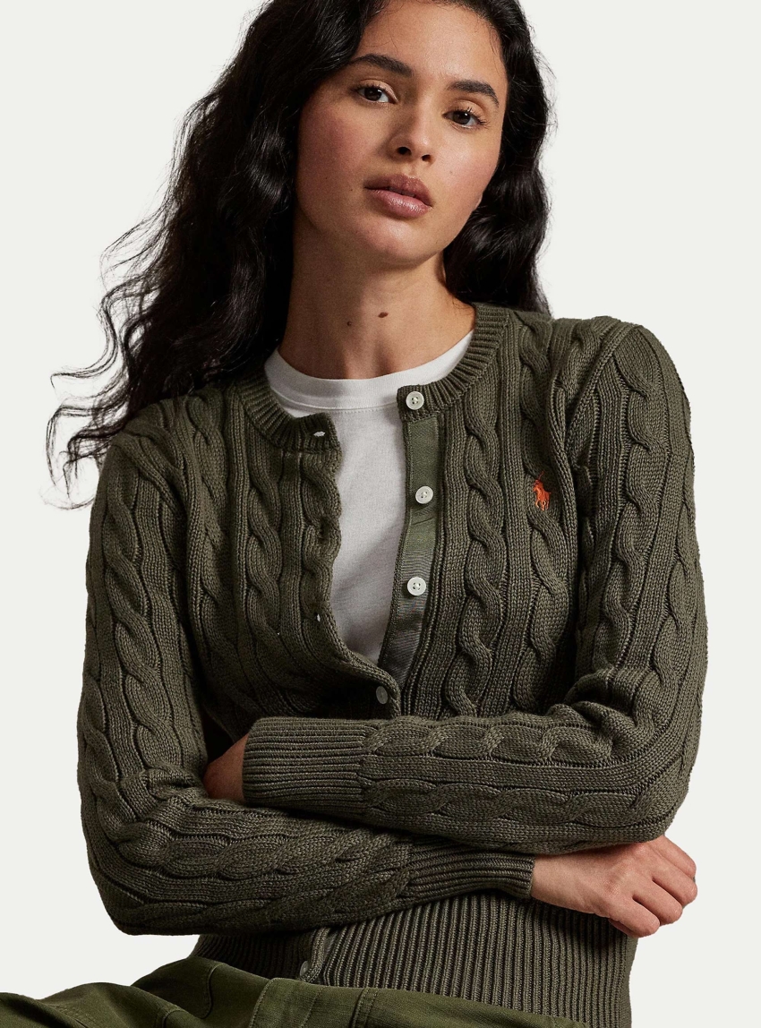 Polo Ralph Lauren Cable-Knit Cotton Crewneck Cardigan - Olive 