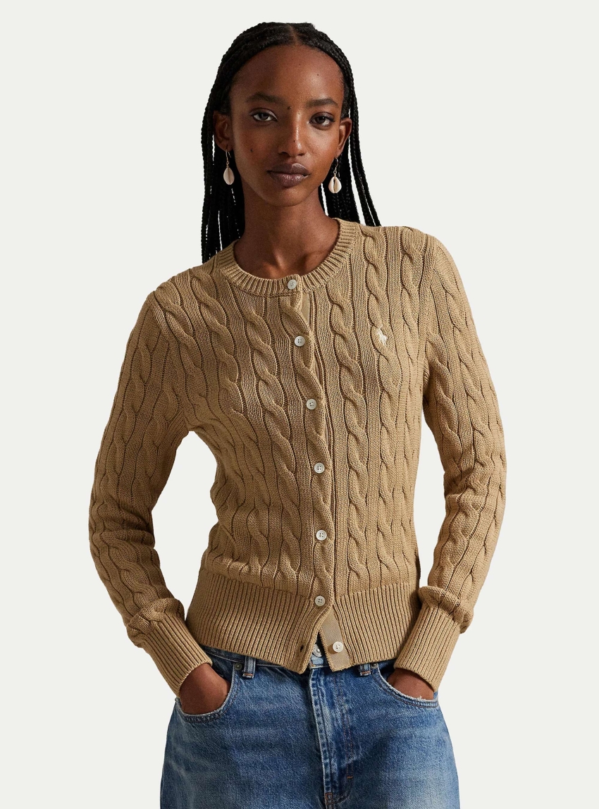 Polo Ralph Lauren Cable-Knit Cotton Crewneck Cardigan - Dark Beige