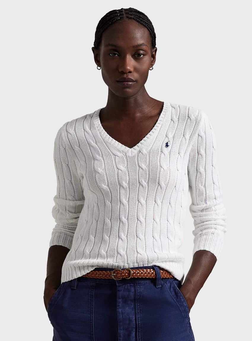 Polo Ralph Lauren Cable-Knit Cotton V-Neck Jumper - White