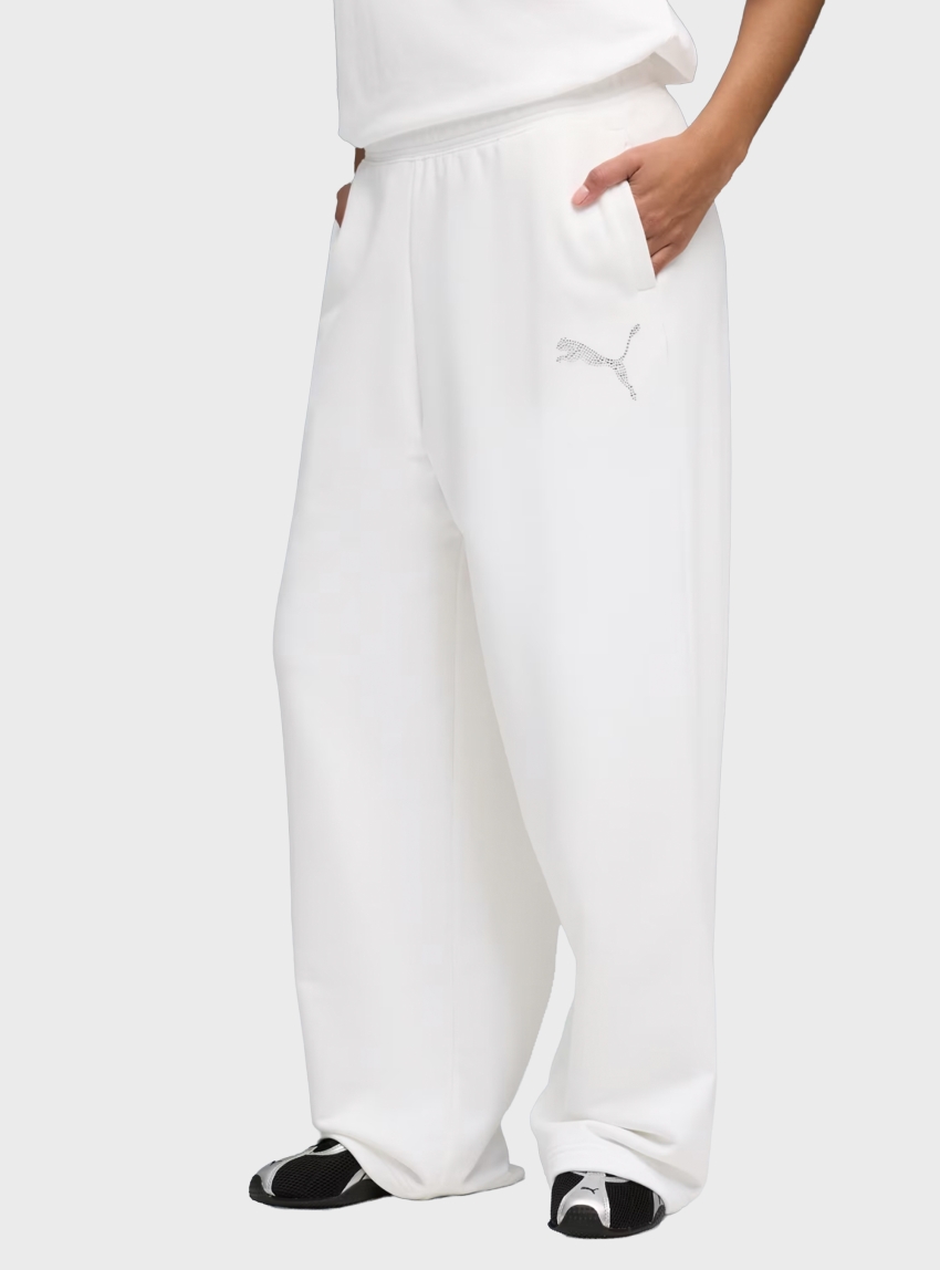 PUMA GRAPHIC LEO LUXE Bedazzled Slouchy Pants - White