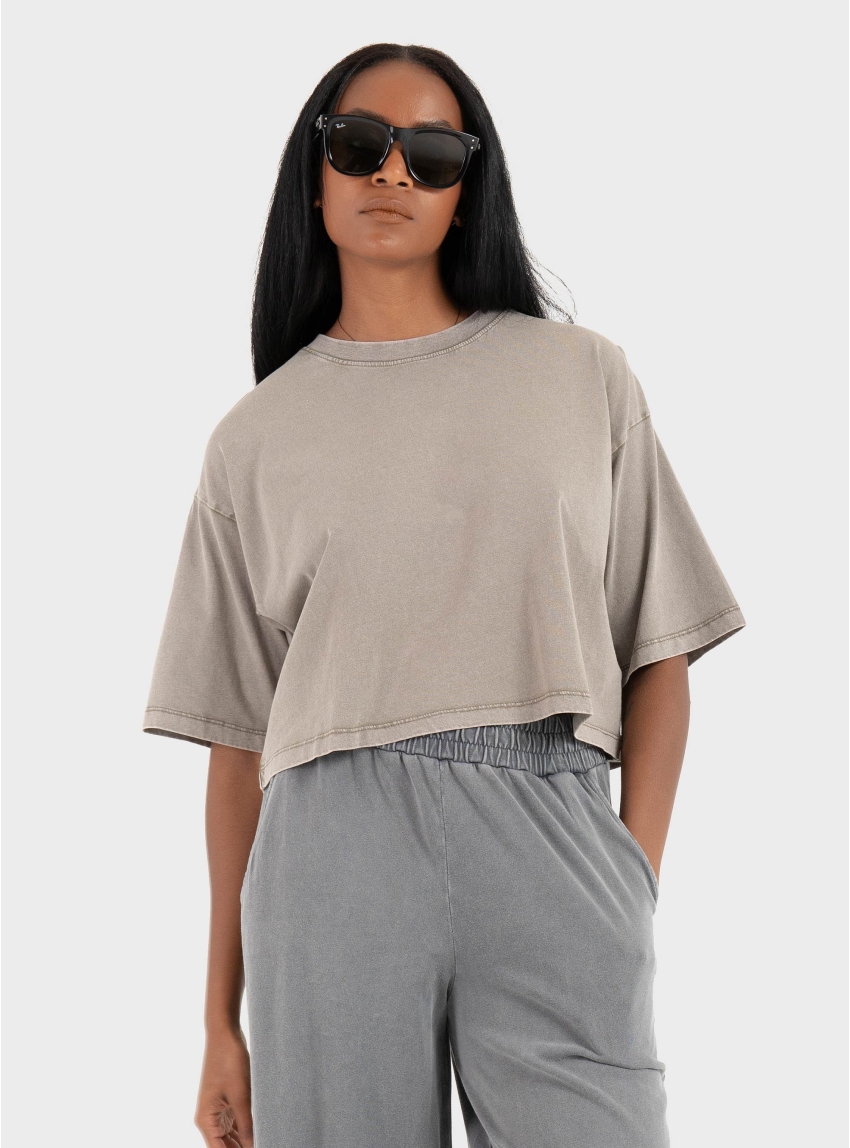 JJXX Andrea Loose Cropped Wash Tee - Dark Beige