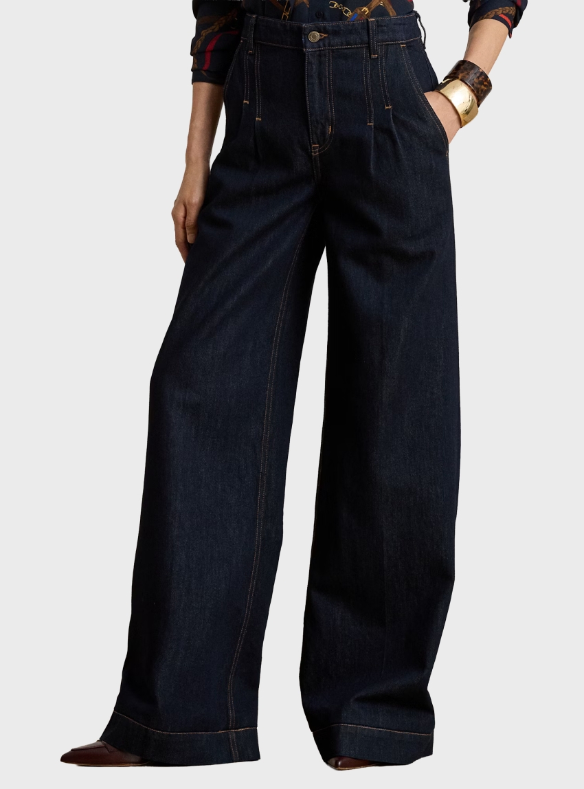 LAUREN Ralph Lauren Pleated High Rise Wide Leg Jeans - Unwashed Denim