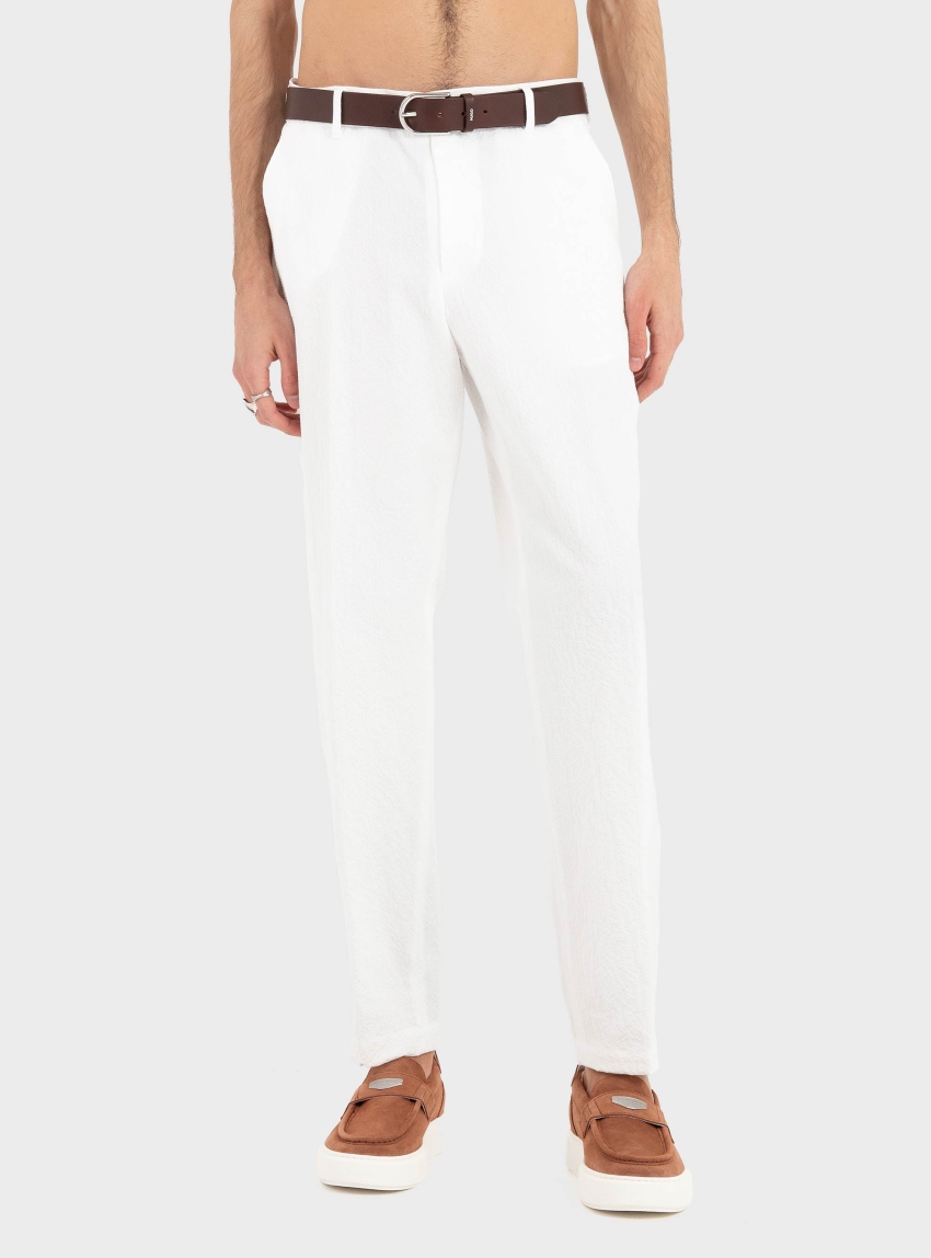 BOSS Tapered-Fit Trousers In Stretch-Cotton Seersucker C-Perin-262 - White