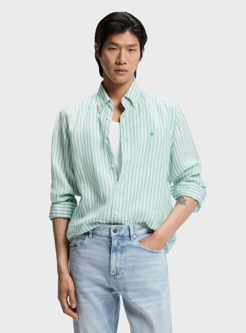 BOSS Regular-Fit Vertical Stripes Linen Shirt H-LIAM-BD-E-C1-261 - Green