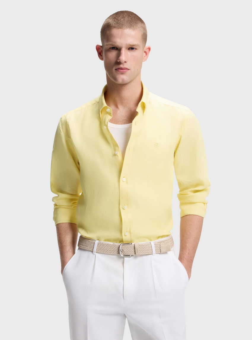 BOSS Regular-Fit Button-Down Shirt In Linen H-LIAM-BD-E-C1-261 - Yellow