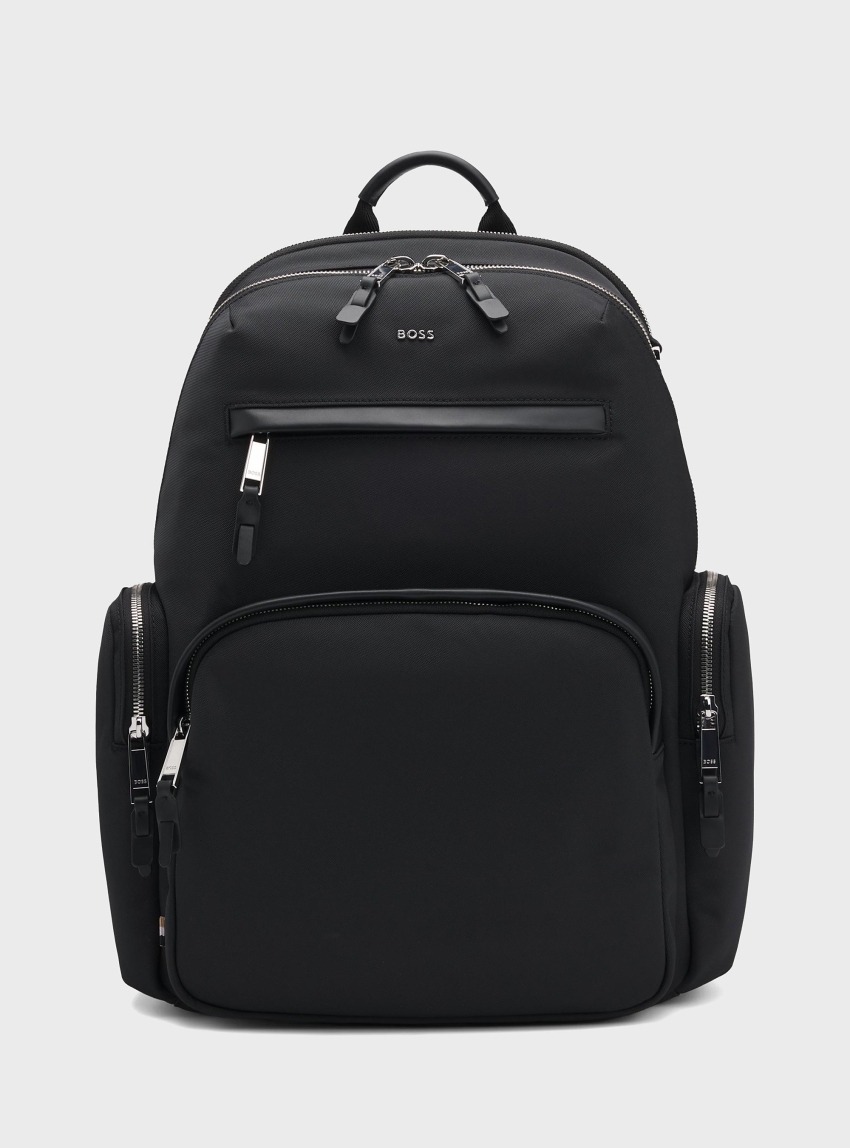 BOSS Leather-Trim Backpack With Silver-Tone Logo Lettering  Highway_N - Black