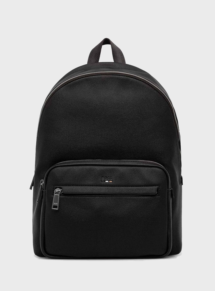 BOSS Faux-Leather Backpack With Tricolour Stripe Plates Ray - Black