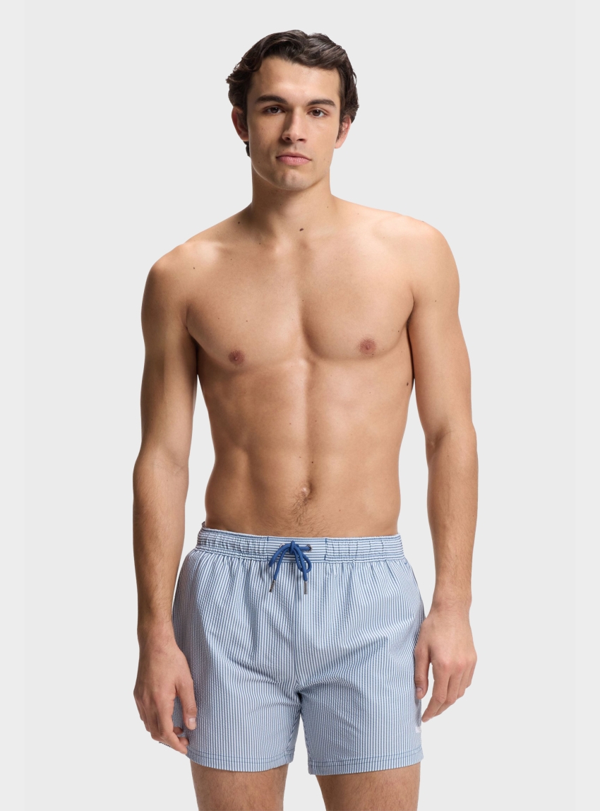 BOSS Swim Shorts In Seersucker Fabric With Embroidered Logo Velvetfish - Blue