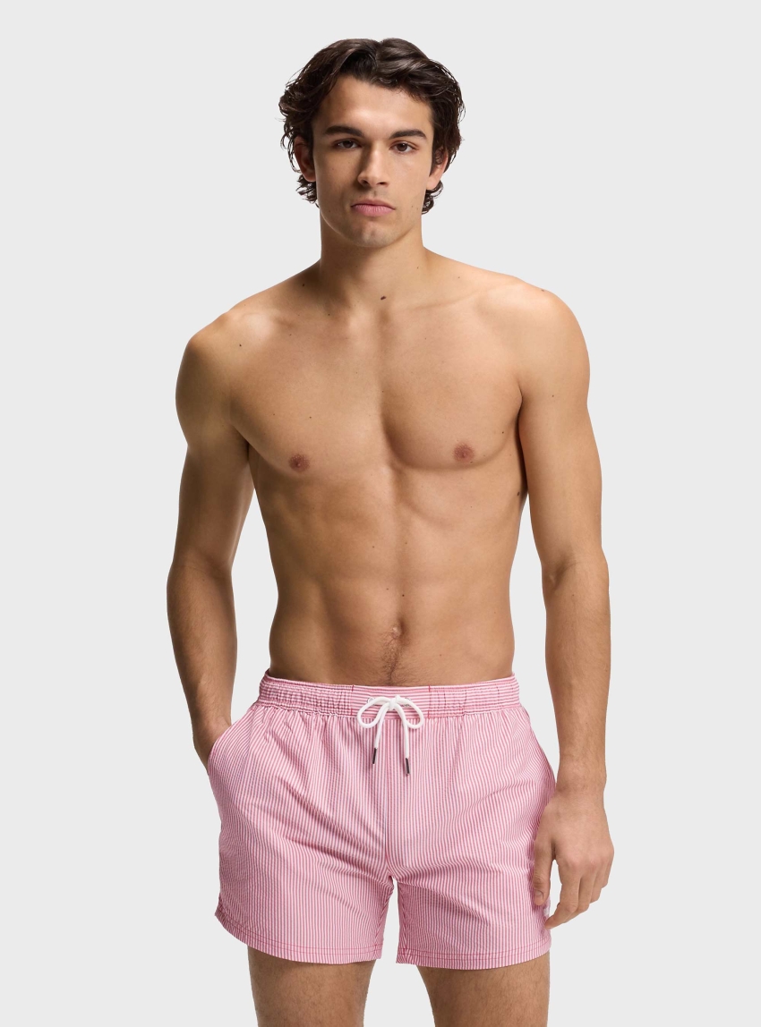 BOSS Swim Shorts In Seersucker Fabric With Embroidered Logo Velvetfish - Red