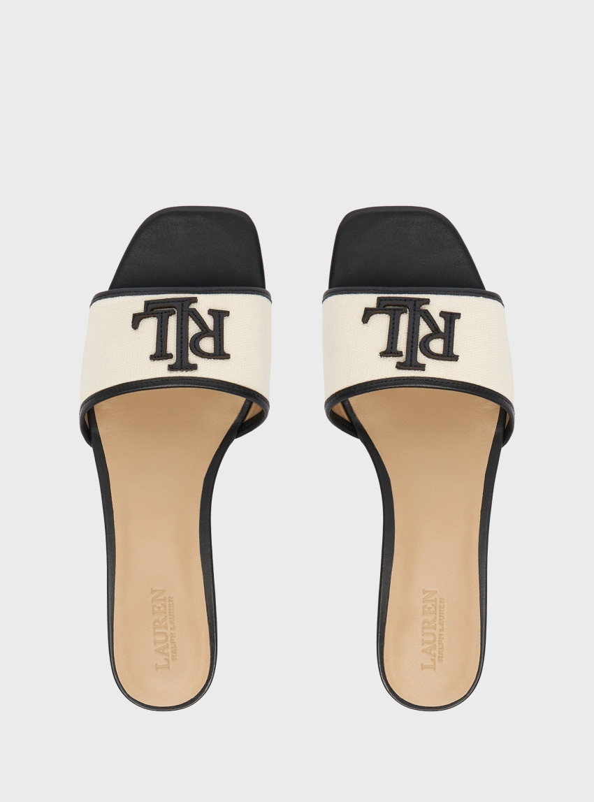 LAUREN Ralph Lauren Everley Leather-Trim Canvas Slide Sandals - Natural