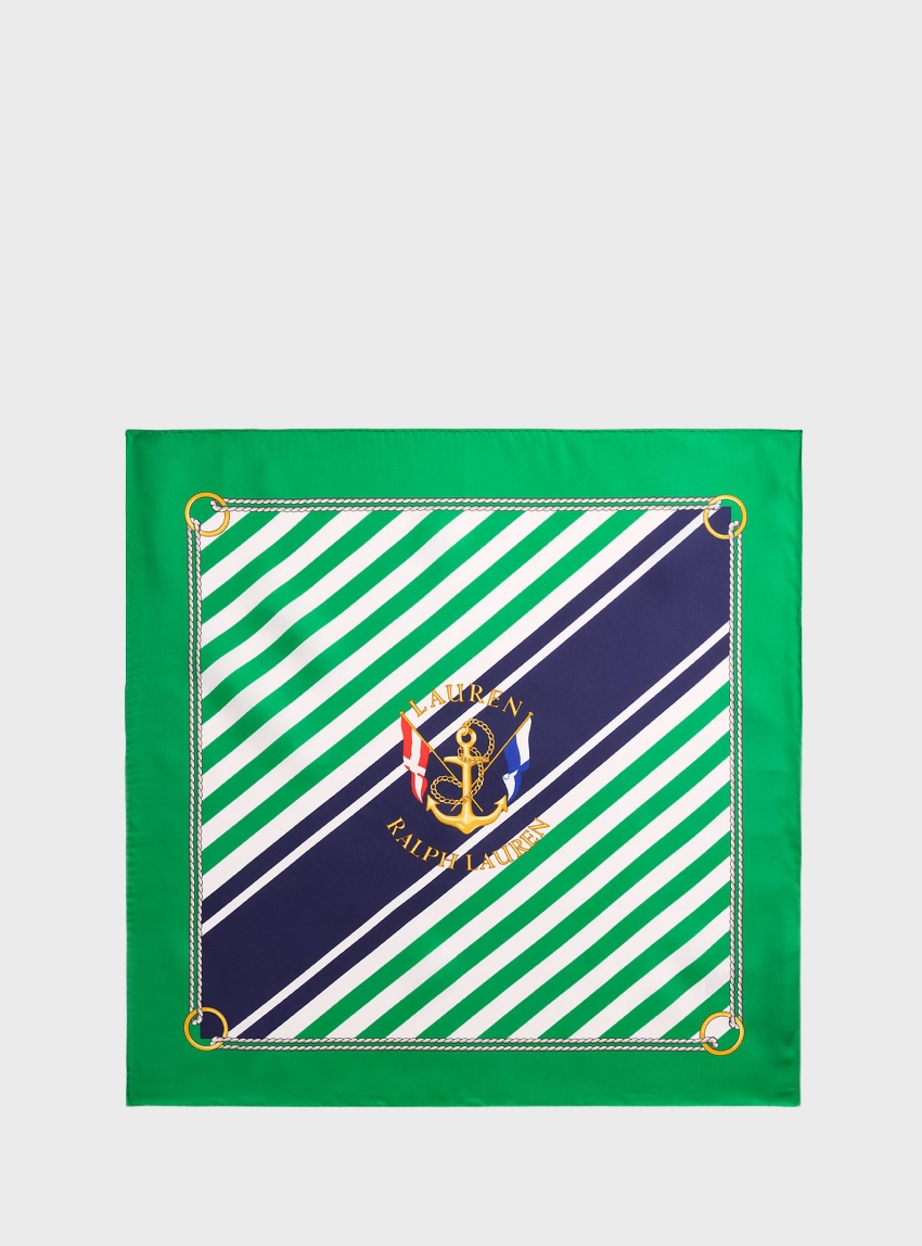 LAUREN Ralph Lauren Striped Anchor-Crest Silk Square Scarf - Green