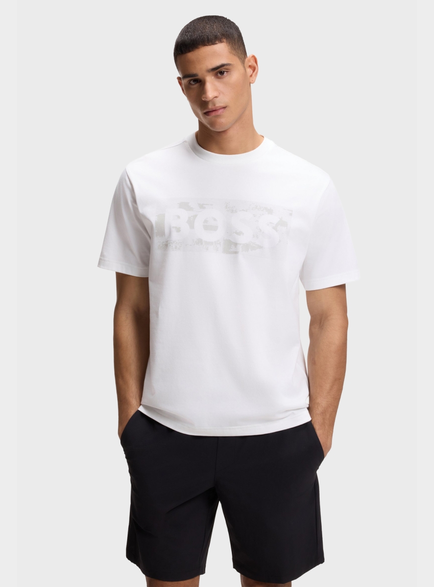 BOSS Stretch-Cotton T-Shirt With Logo Artwork  TS_Globe LogoPattern - White