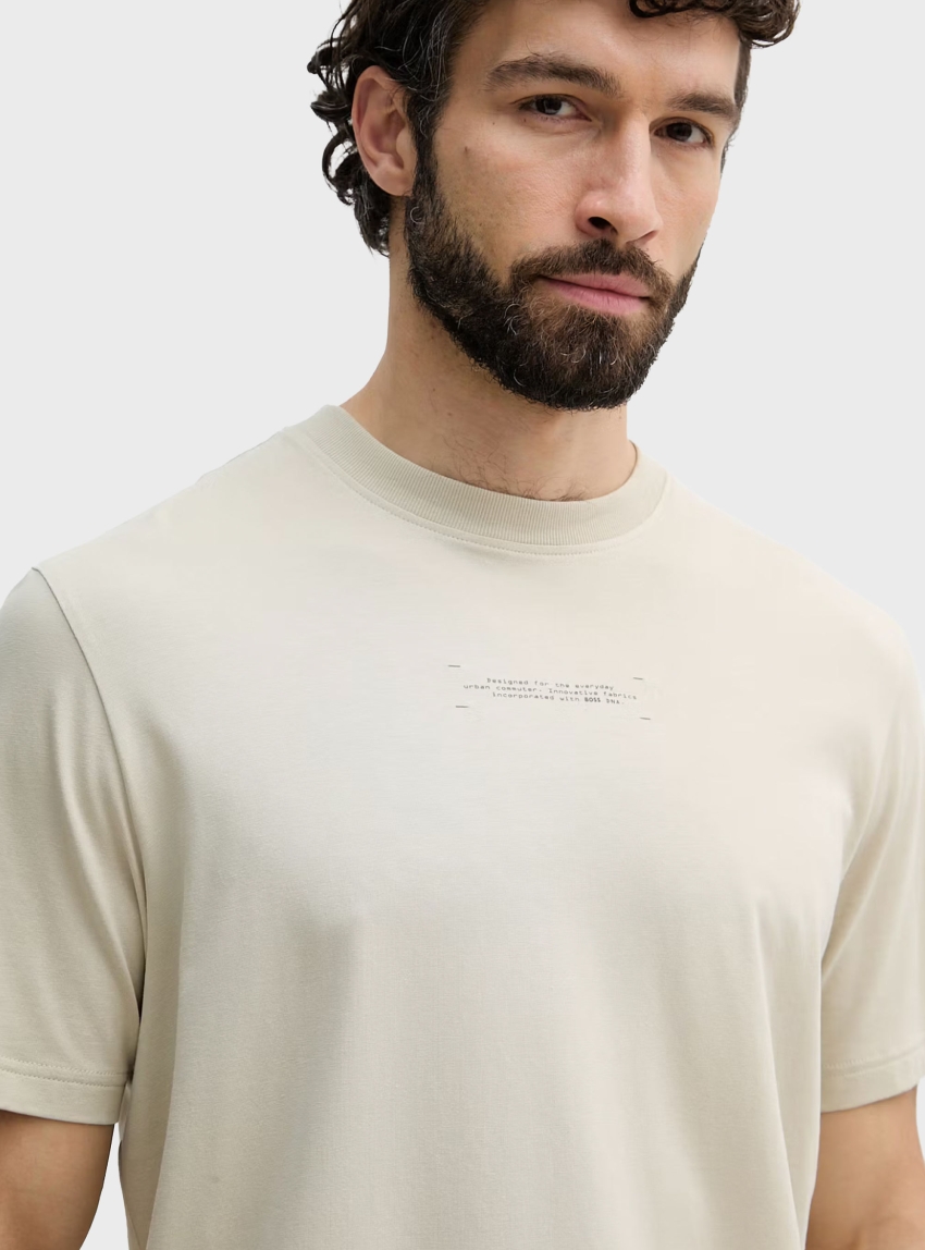 BOSS Relaxed-Fit Cotton-Blend T-Shirt With Reflective Artwork  TS_Globe Pattern - Light Beige