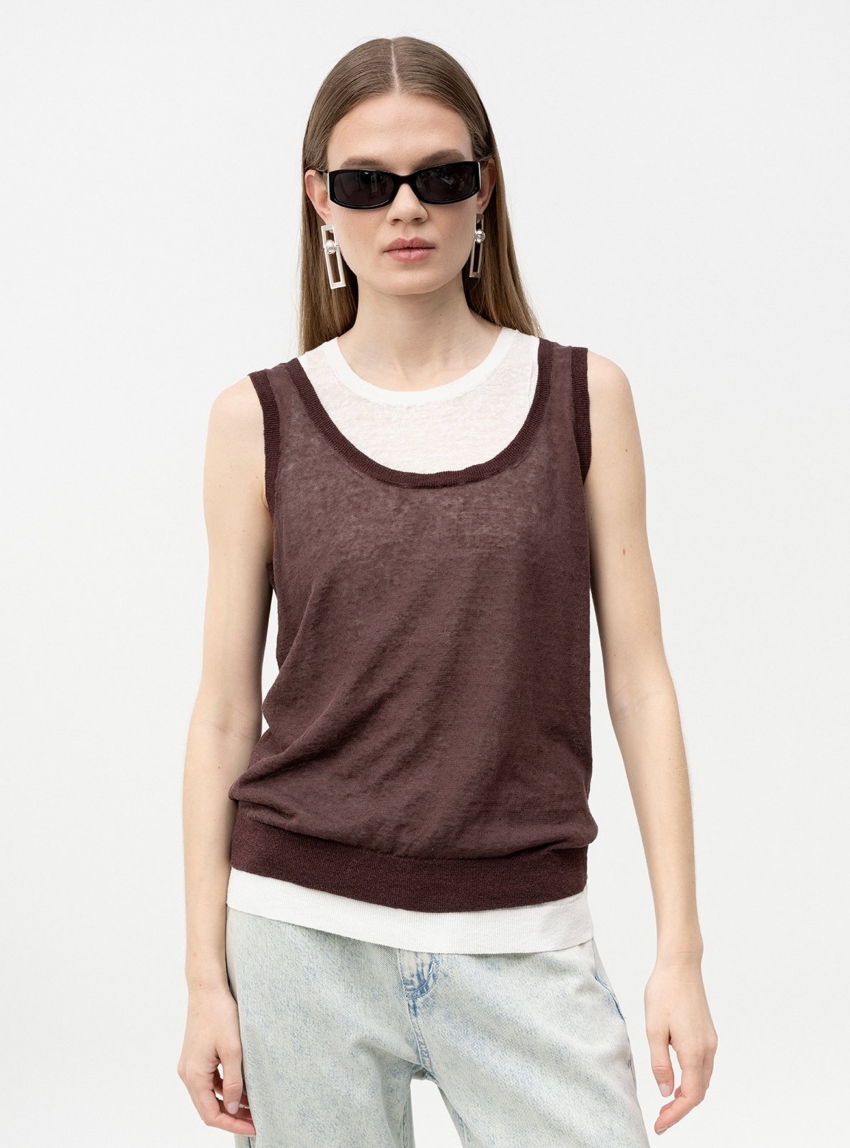 BOSS Sleeveless Top In Linen And Cotton With Layered Design Firasolex - Dark Brown