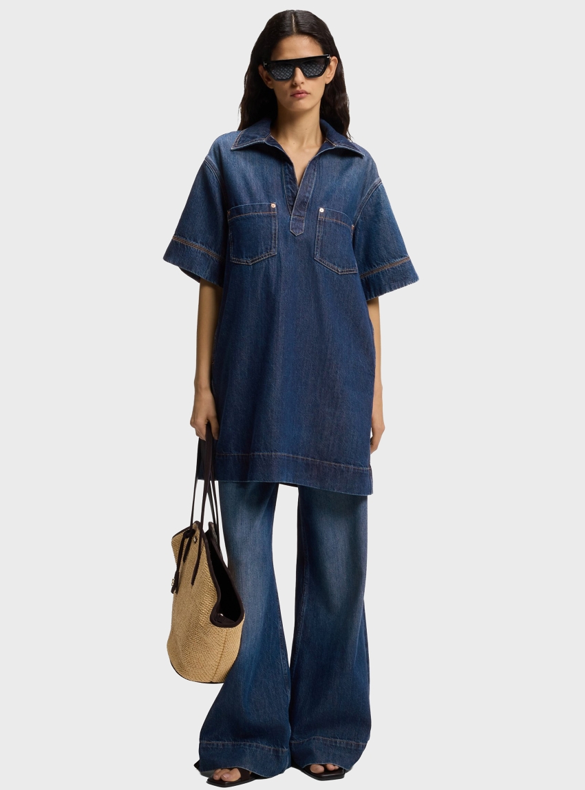 BOSS Blue-Denim Dress With Johnny Collar  C_POLO DRESS - Dark Aged Denim