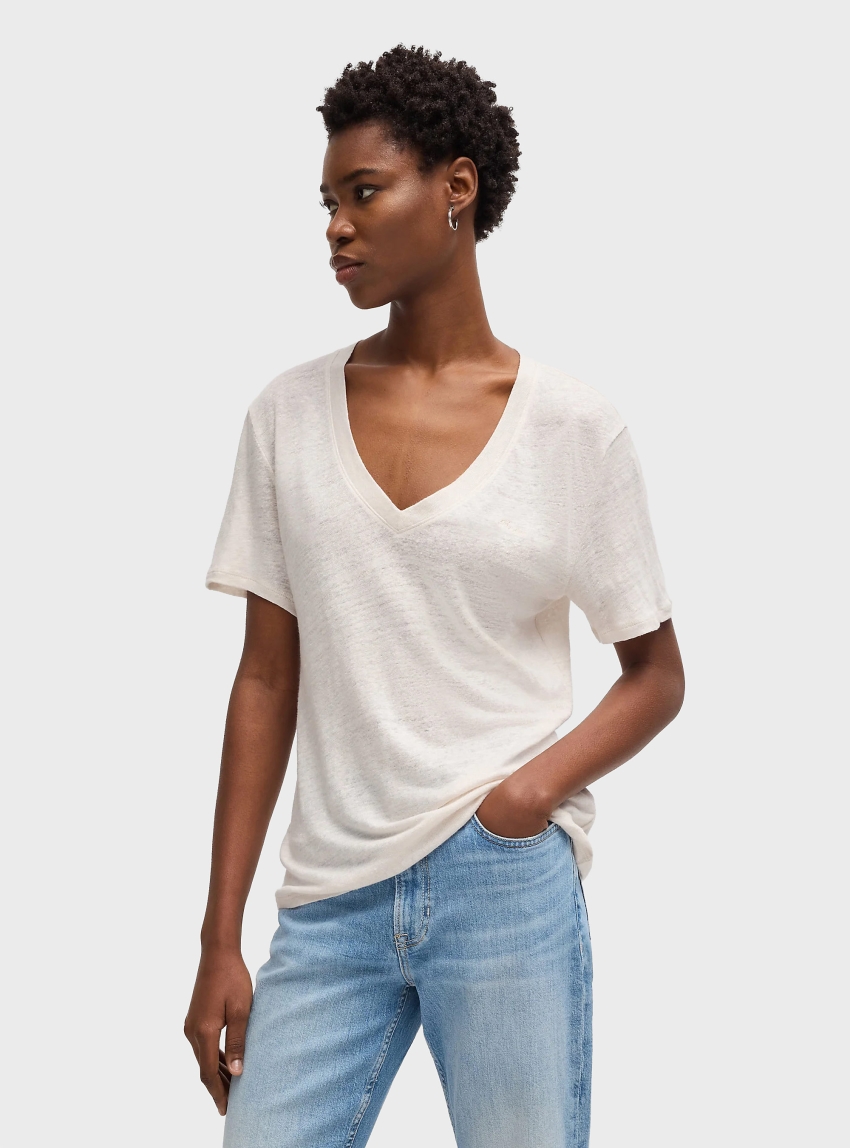 BOSS V-Neck T-Shirt In Lightweight Linen  C_Ela_1 - Off White